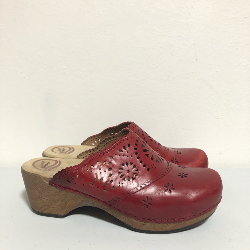 Dansko Skylar Red Laser Cut Slip On Clogs